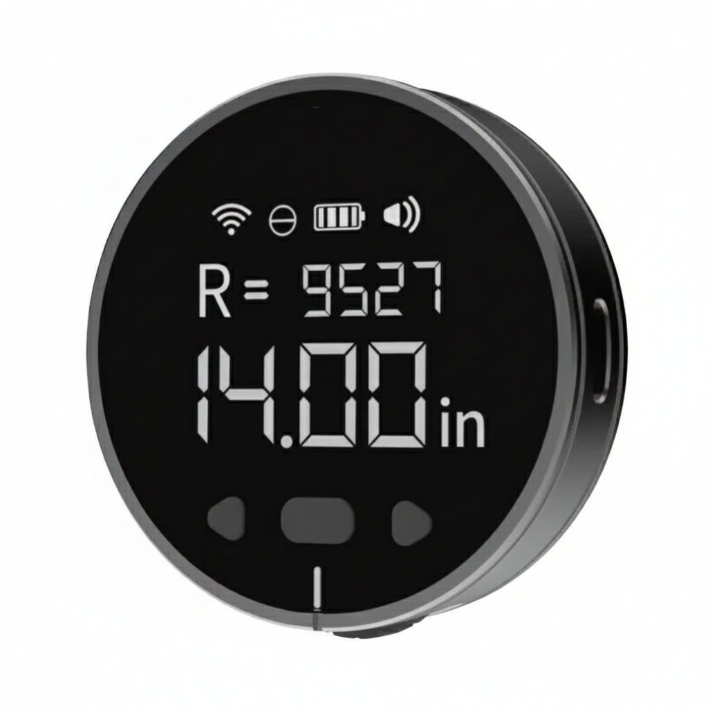 Digital device with a circular display showing measurements on a white background